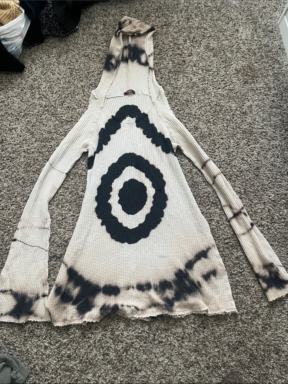 Hard Tail Beige and Black Tie-Dye Hooded Waffle-Knit Poncho Sweater